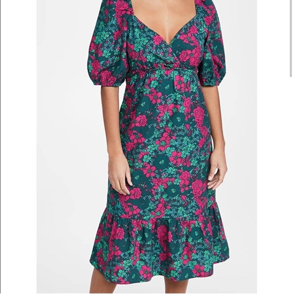 RAHI puff sleeve floral midi dress